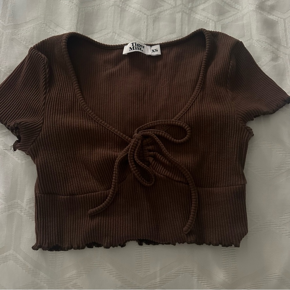 Brown Ribbed Tie-Front Top